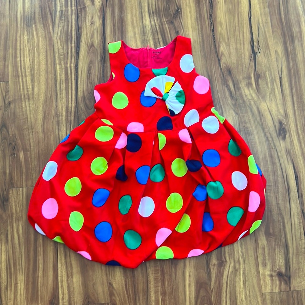 Good condition Rainbow Polka Dot Dress with a Bow Fits 5-7 year old 100% Cotton
